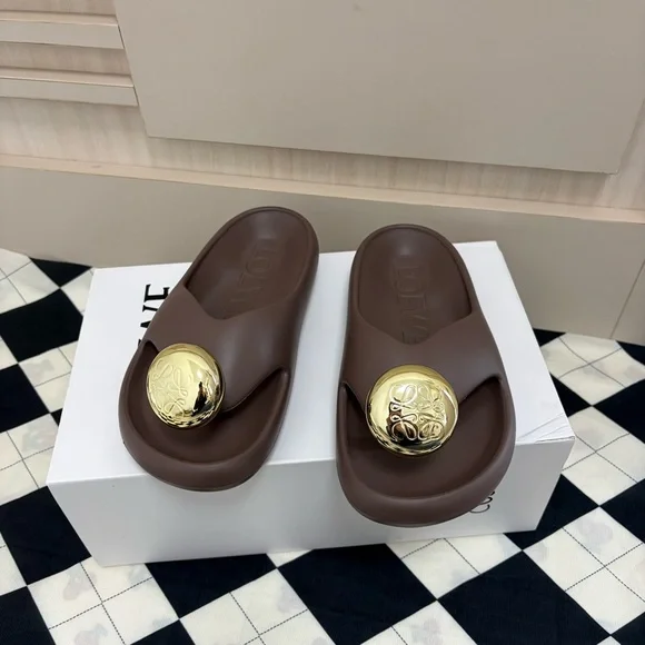Loewe Chocolate Brown Slide Sandals with Gold Orb Detail - Picture 2 of 7